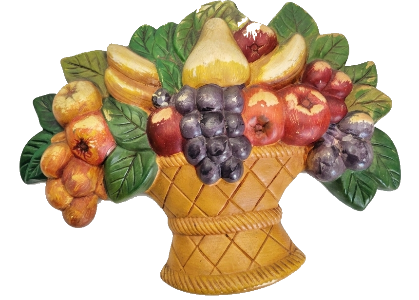 Cesto de frutas decorativo de parede, em relevo pintado